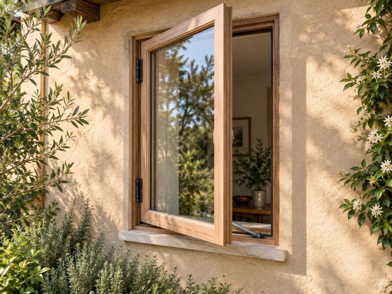 Illustrative side-hinged casement window opened outward