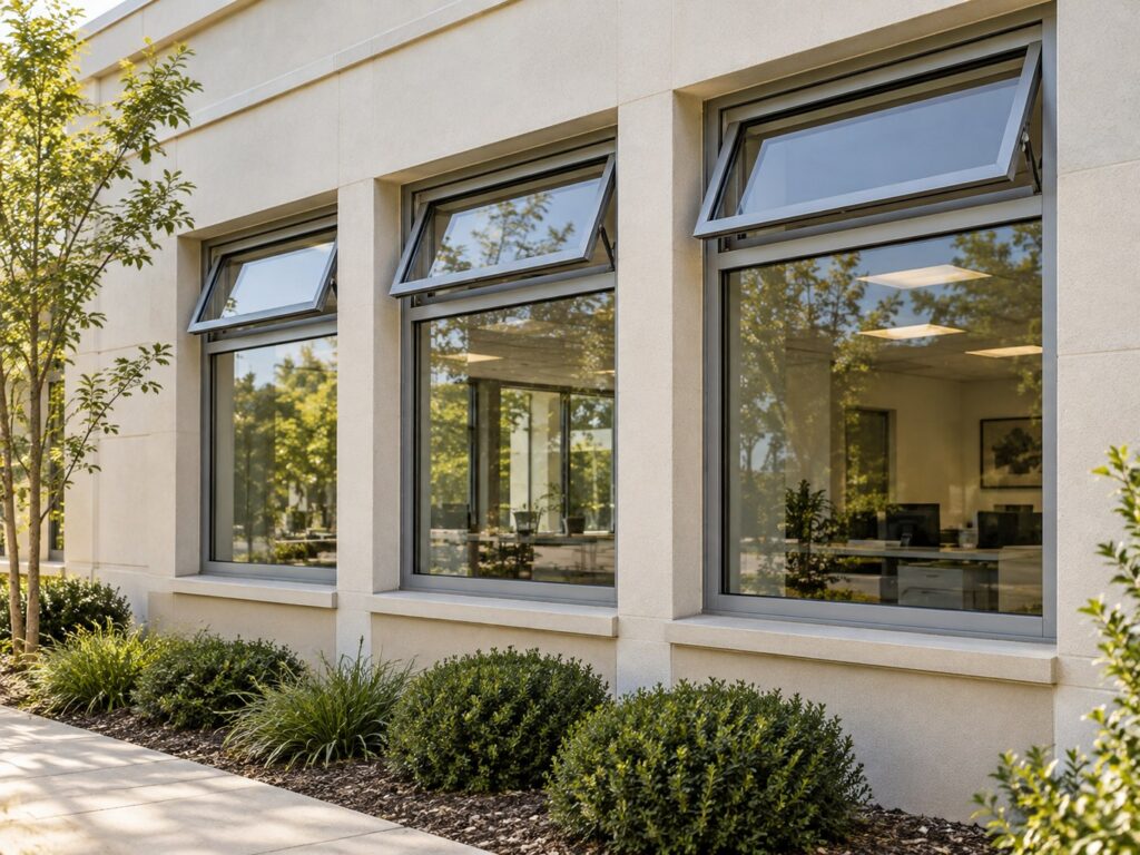 Illustrative aluminum-framed window assemblies in a low-rise commercial building