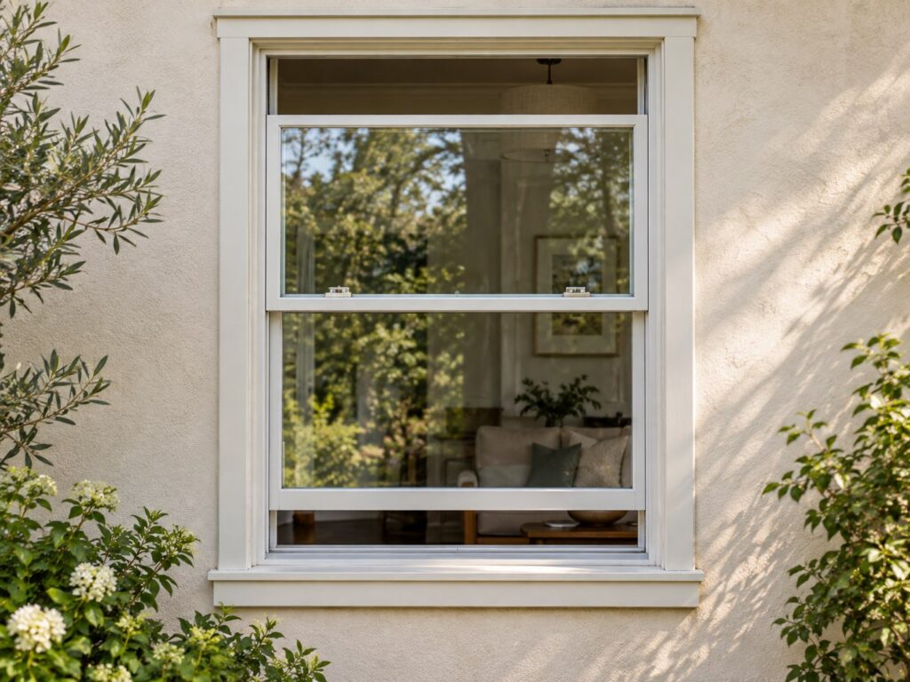 Illustrative double-hung window with the upper sash lowered and lower sash raised