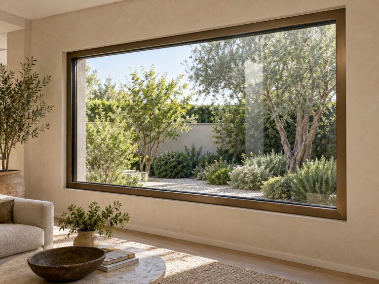 Illustrative fixed window with sealed glazing overlooking a garden
