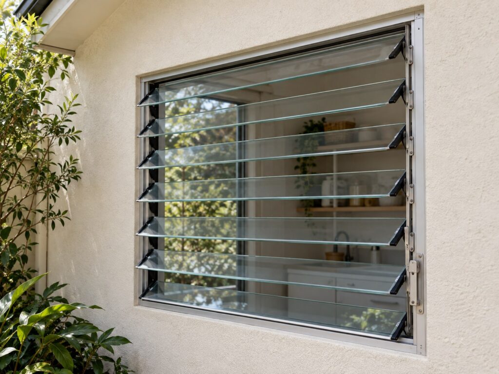 Illustrative jalousie window with angled glass blades and side hardware