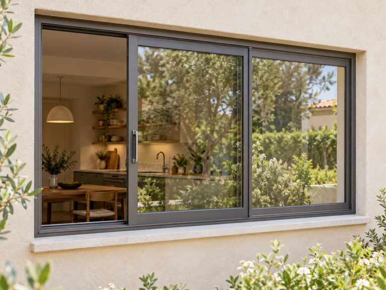 Illustrative sliding window with a sash moved sideways along its track