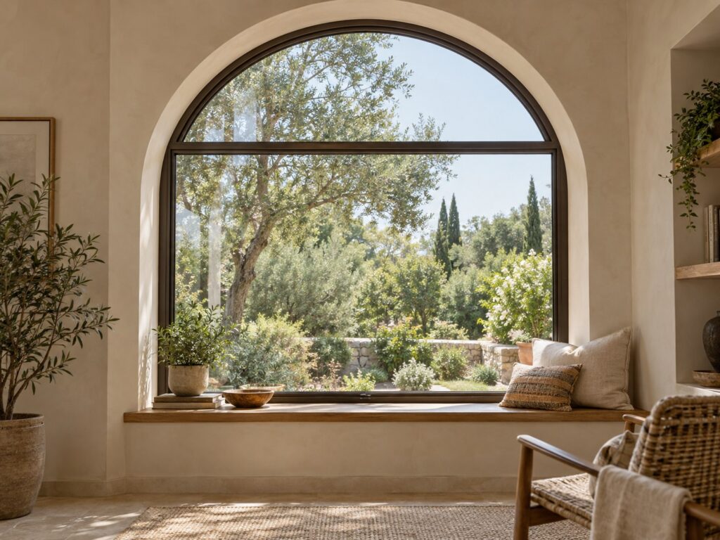 Illustrative arched window in a warm-plaster wall