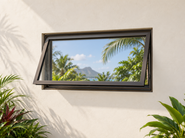 Illustration of an awning window in a light plaster wall with tropical greenery beyond