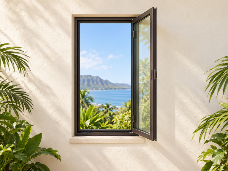 Illustration of a casement window in a light plaster wall with tropical greenery beyond