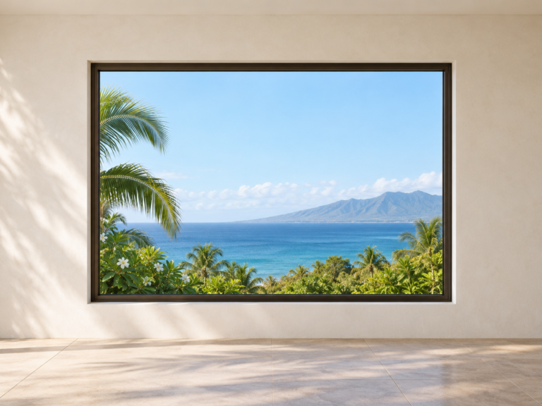 Illustration of a picture window in a light plaster wall with tropical greenery beyond