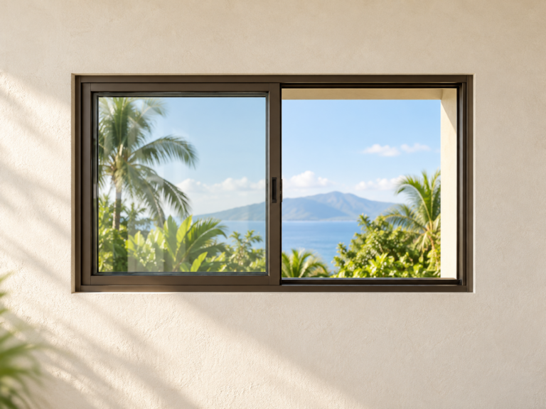 Illustration of a sliding window in a light plaster wall with tropical greenery beyond